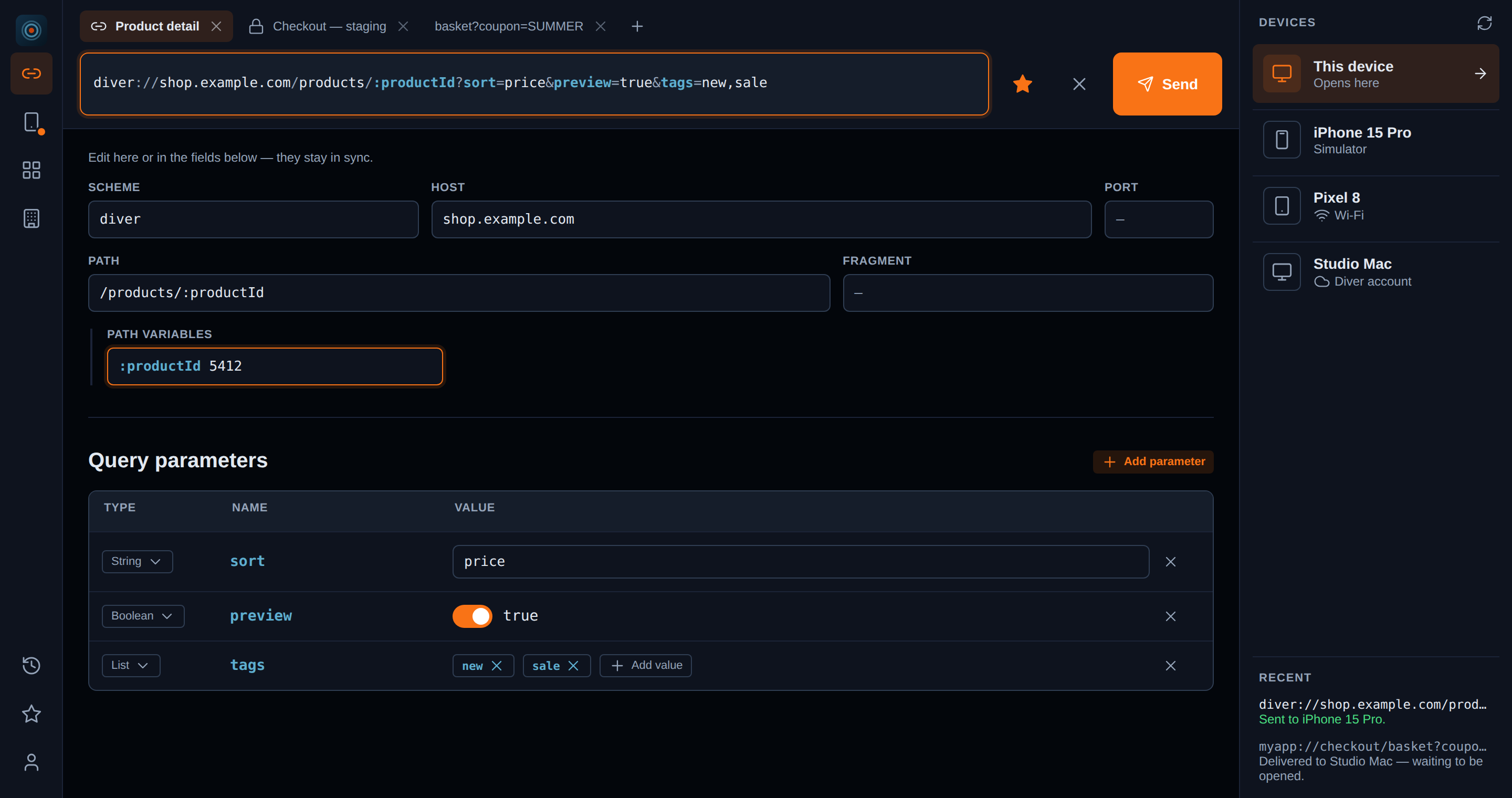 Diver on a desktop: the URI and Send across the top, the URI's component fields and a table of typed query parameters in the middle, and a dock of reachable devices down the right.