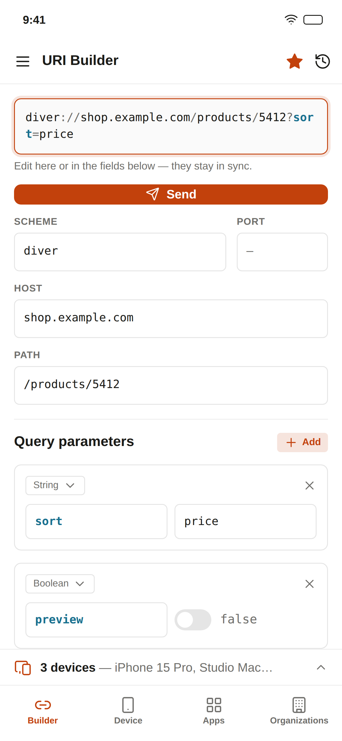 Diver's URI builder on a phone: the URI in a field at the top, a full-width Send button, and the scheme, port, host and path stacked below it.