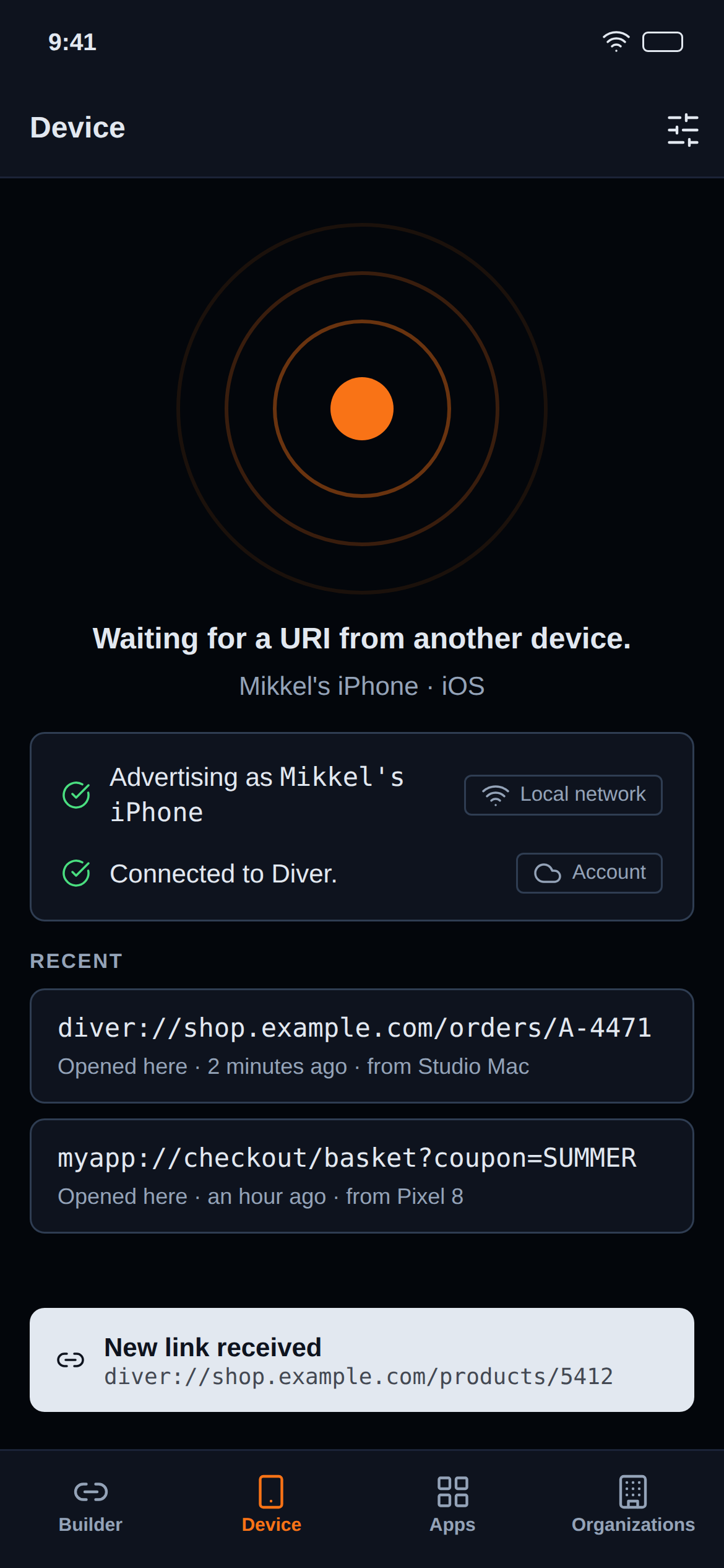 Diver waiting on a phone: a target at the top, confirmation that the device is advertising on the local network and connected to the Diver account, and a toast reading “New link received”.